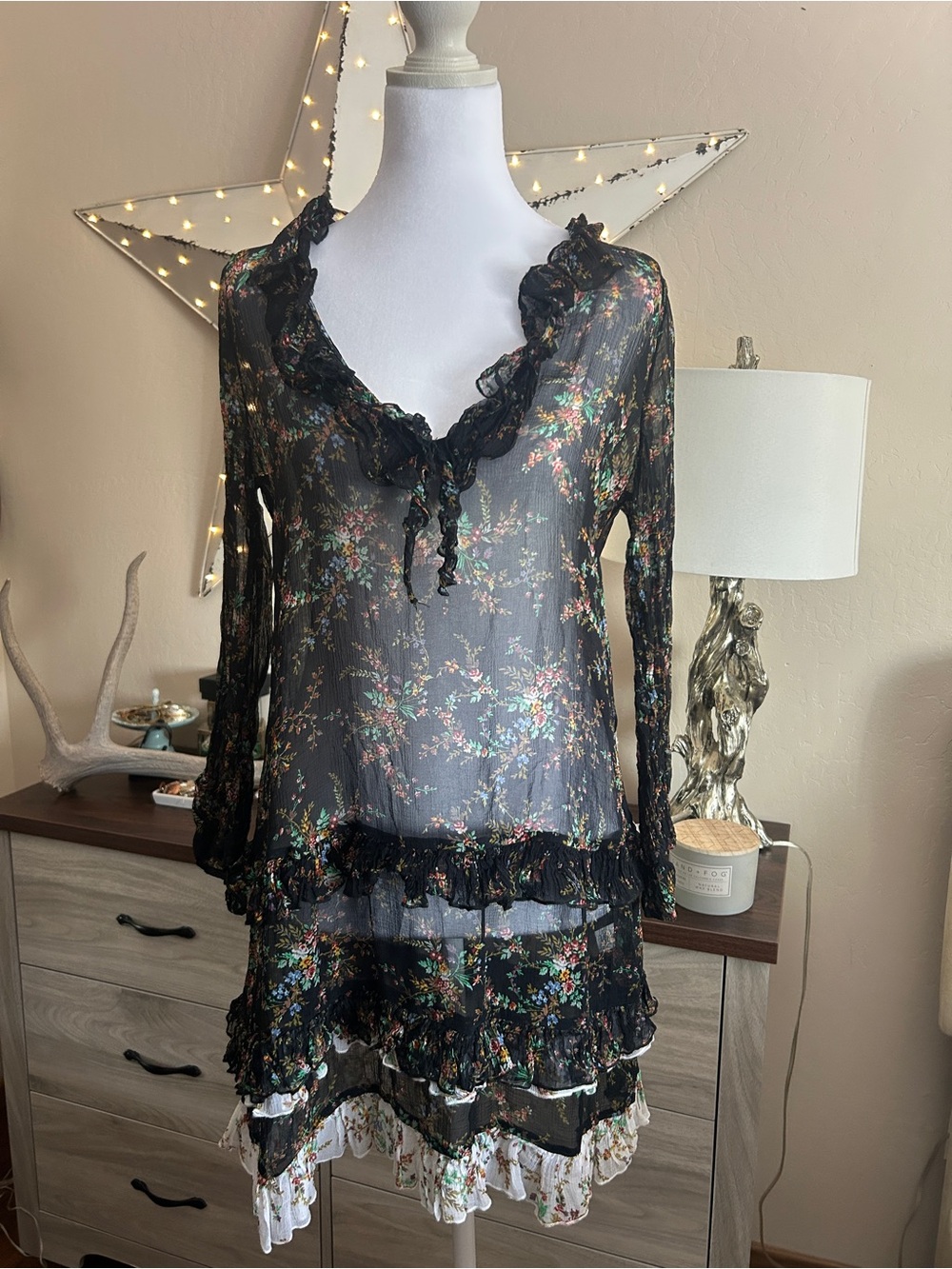 Sundance Sheer Black Floral Ruffle Dress / Tunic